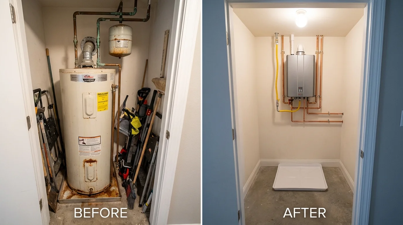 Tank water heater versus wall-mounted tankless unit comparison for Burke, VA homeowners